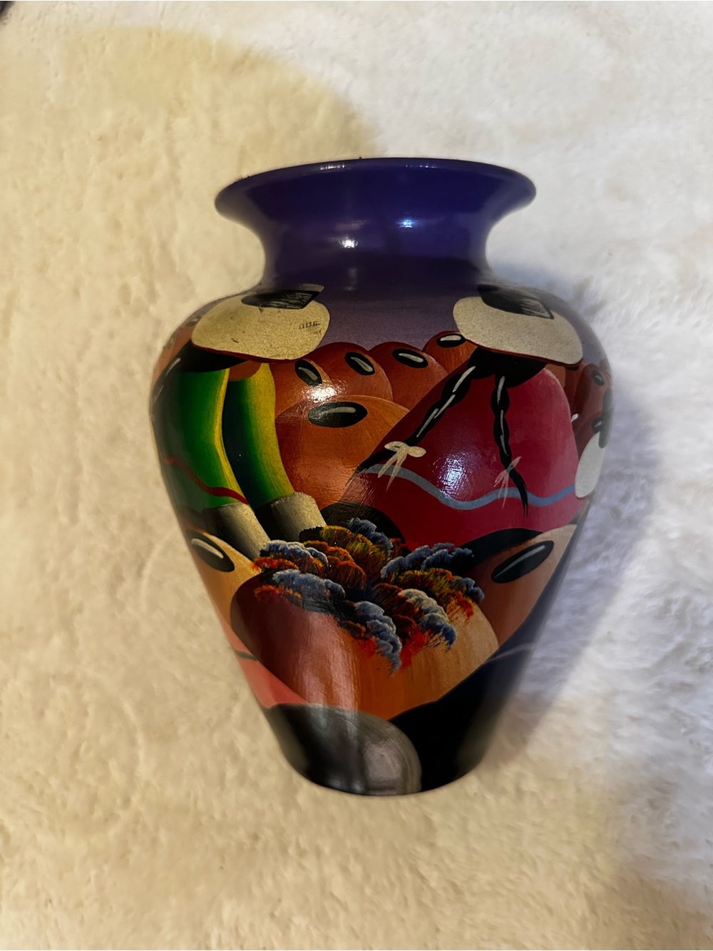 Vintage Peru Hand Painted Folk Art Pottery Vase Andean Women Market Scene